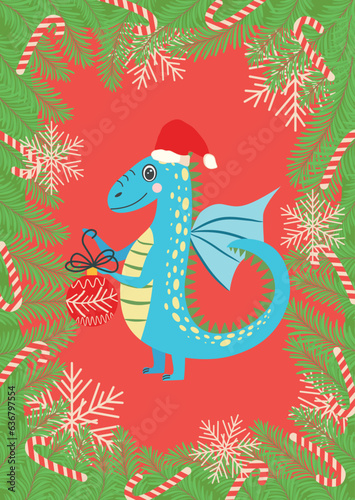 Christmas card with cute green dragon. Year of the Dragon 2024, China © MichiruKayo