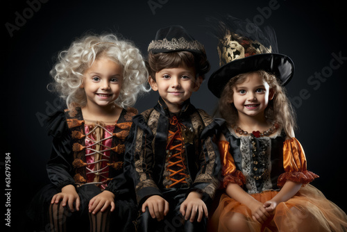 Cute little kids dressed in costumes for Halloween against wall