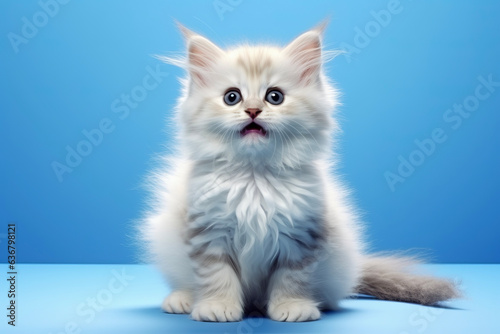 Cute kittens running, jumping, and sitting poses with fun expressions on a blue simple background. Animal concept suitable for cats and pets.