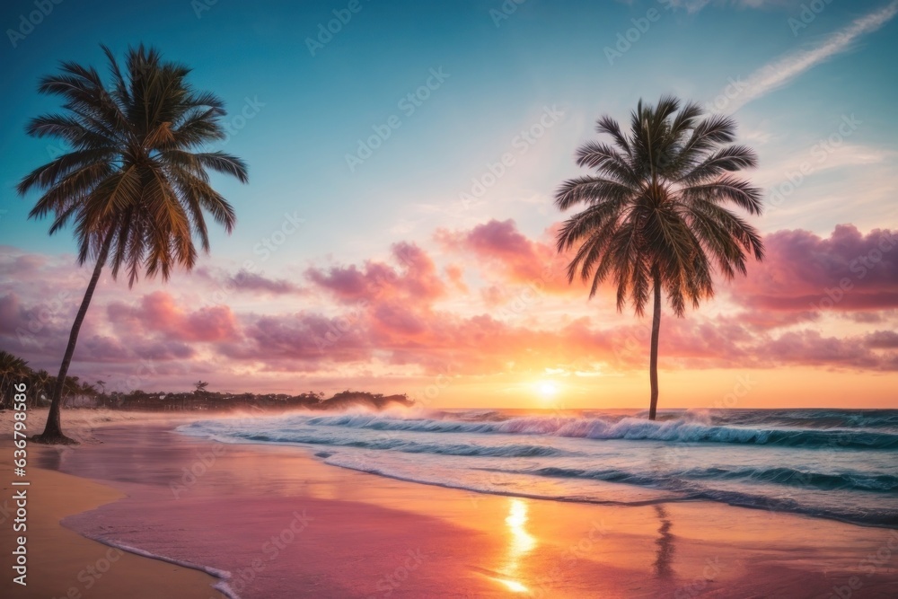 Beachfront Sunset: Idyllic Scene with Palm Trees