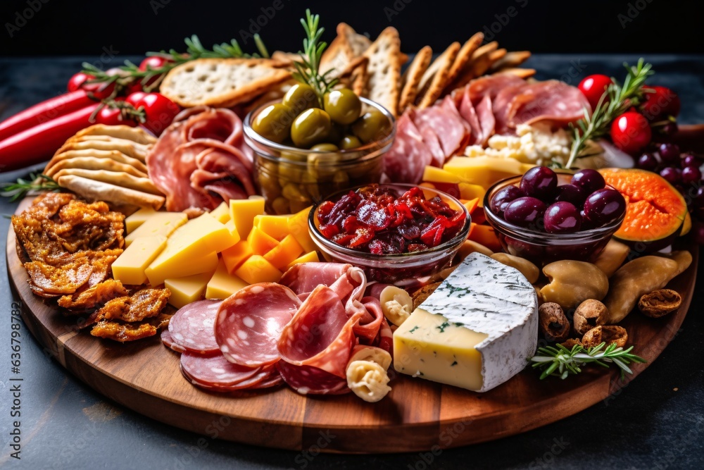 Antipasto platter with prosciutto crudo or jamon, ham, salami, cheese, olives and grapes/ Elegant charcuterie board with a variety of cured meat. Antipasto platter with prosciutto crudo or jamon, ham, salami, cheese, olives and grapes/ Elegant charcuterie board with a variety of cured meat.