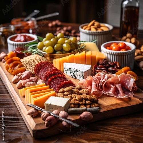Antipasto platter with prosciutto crudo or jamon, ham, salami, cheese, olives and grapes/ Elegant charcuterie board with a variety of cured meat.