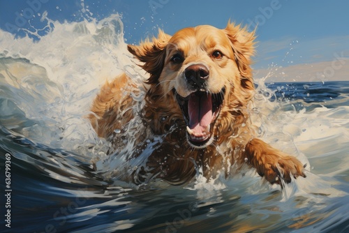 A Captivating Depiction: The Artistry Behind a Realistic Painting of a Golden Retriever Enjoying a Refreshing Swim © furyon
