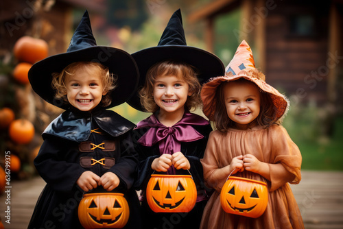 Kids trick or treat in Halloween costume. Happy Halloween