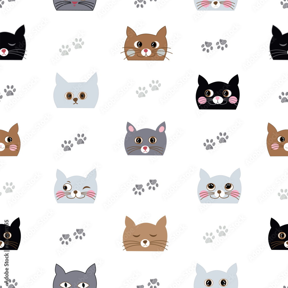 Fototapeta premium Cute cartoon hand drawn cats. Seamless fabric design pattern white background
