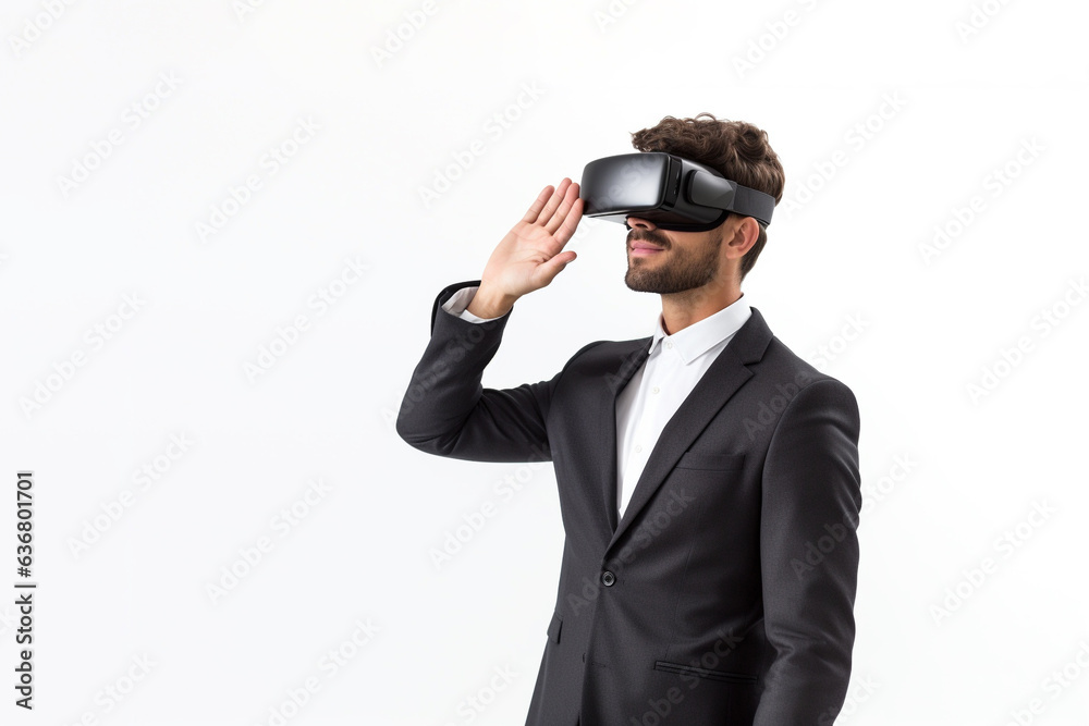 Young man wearing virtual reality VR glasses, VR headset and trying to touch something with his hand while standing on white background. Young man wearing virtual reality VR glasses, VR headset and trying to touch something with his hand while standing on white background.