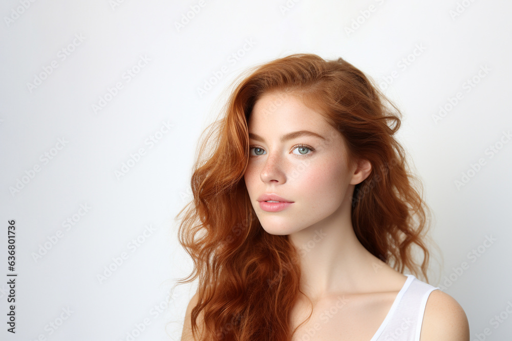 Beautiful young woman with long wavy red hair, smiling, dressed casually, looking at the camera. A good-looking beautiful woman isolated on a blank white wall. Beautiful young woman with long wavy red hair, smiling, dressed casually, looking at the camera. A good-looking beautiful woman isolated on a blank white wall.