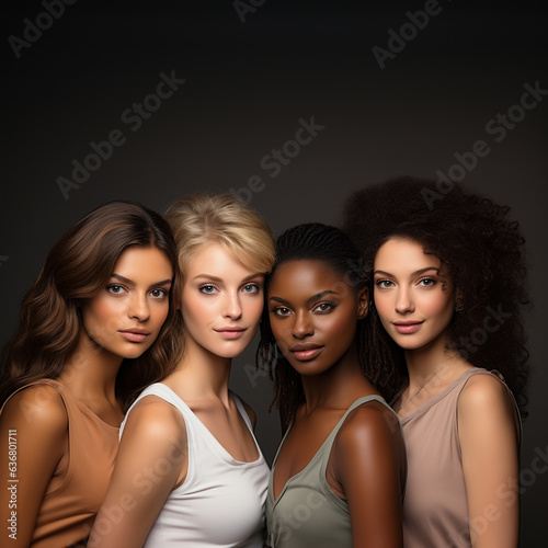 Portrait of many attractive female fashion models and looking at the camera. Diverse ethnic group of beautiful women with natural beauty and glowing smooth skin.