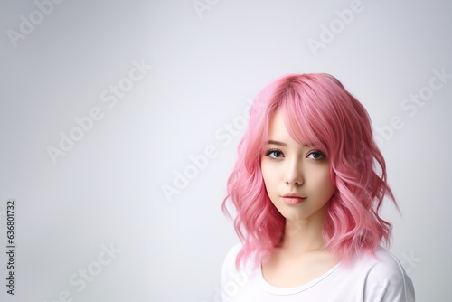 Beautiful young woman with long wavy pink hair, smiling, dressed casually, looking at the camera. A good-looking beautiful woman isolated on a blank white wall.