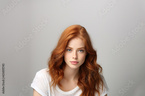 Beautiful young woman with long wavy red hair, smiling, dressed casually, looking at the camera. A good-looking beautiful woman isolated on a blank white wall.