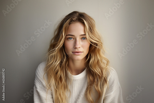 Beautiful young woman with long wavy hair, smiling, dressed casually, looking at the camera. A good-looking beautiful woman isolated on a blank grey wall.