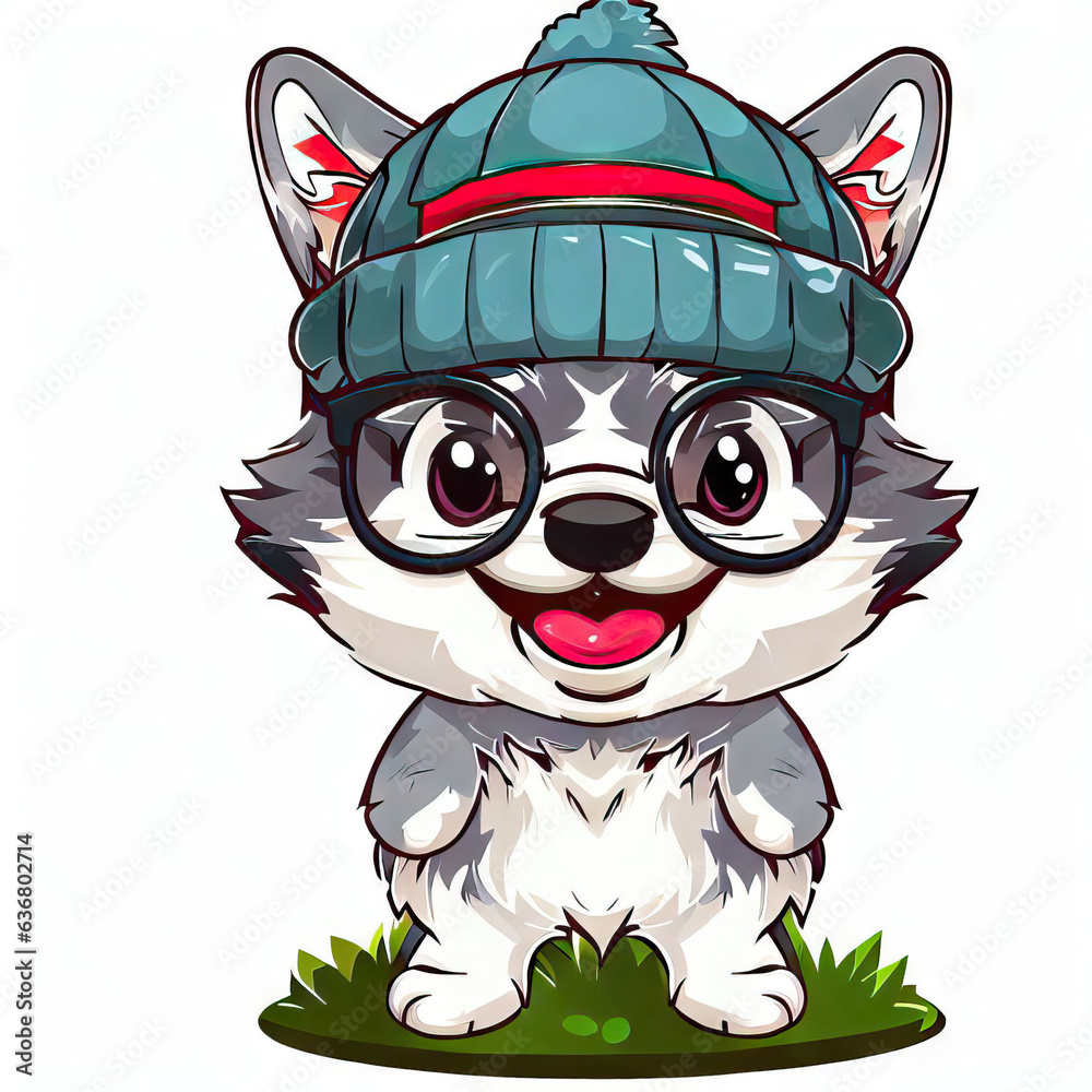 Fototapeta premium Husky Whimsy: Hat, Glasses, and Clean White Background, Generative AI