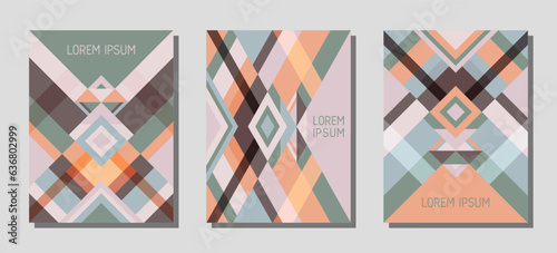 Cover page layout vector template geometric design with triangles and stripes pattern in brown, blue, green.