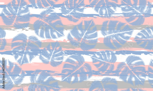 Ceriman bush foliage botanical seamless pattern over stripes background.
