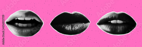 Trendy halftone collage lips set. Contemporary grunge style. Retro vector illustration.