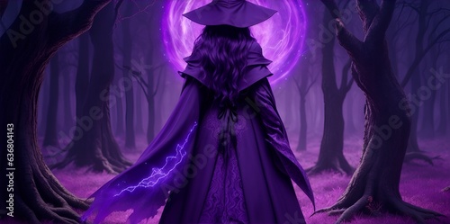 Enchantress in the dark purple forest seen from the back. Young sensual witch in the middle of evil trees. Halloween digital art.