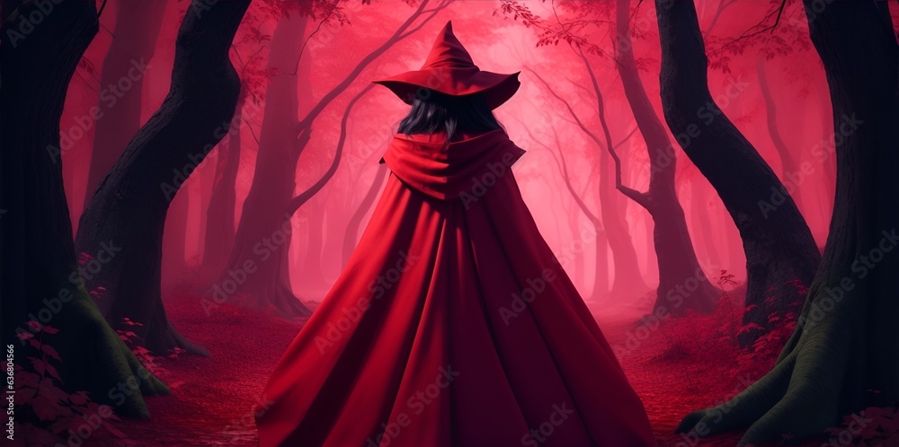 Wrath sorceress in a dark red forest seen from the back. Young sensual ...