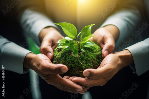 World environment day concept. Earth Day In the hands of trees growing seedlings. Tree planting on volunteer family's hands for eco friendly and corporate social responsibility campaign concept. High