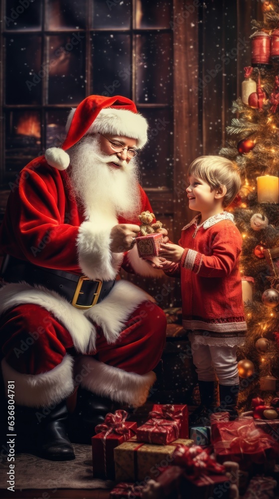 Portrait of Santa Claus with cute little boy on Christmas eve. Christmas Greeting Card. Christmas Concept.  Santa Claus.