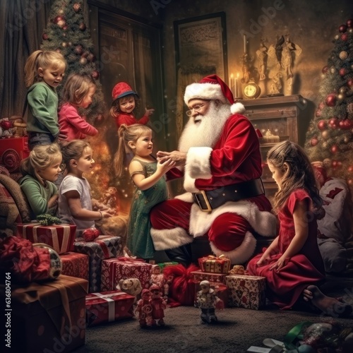 Portrait of Santa Claus with happy children around him at Christmas time. christmas greeting card. Christmas concept. christmas postcard.