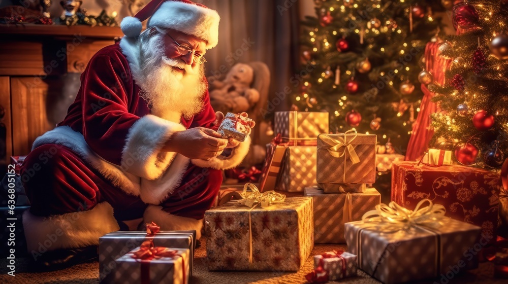 Santa Claus is sitting on the floor near the Christmas tree with gifts. Christmas Greeting Card. Christmas Concept.  Santa Claus.