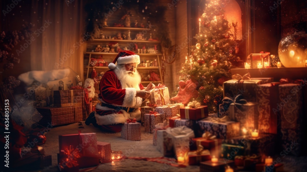 Santa Claus is sitting on the floor near the Christmas tree with gifts. Christmas Greeting Card. Christmas Concept.  Santa Claus.