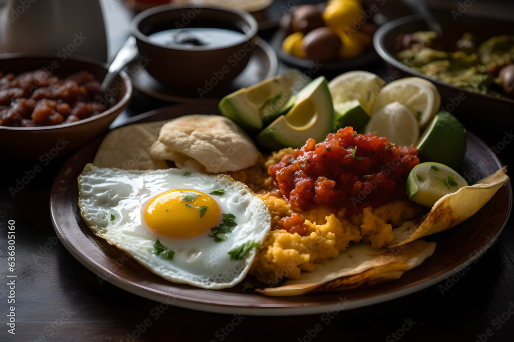 a closeup of a Mexican breakfast, AI generated, Generative AI, AI Art, illustration,