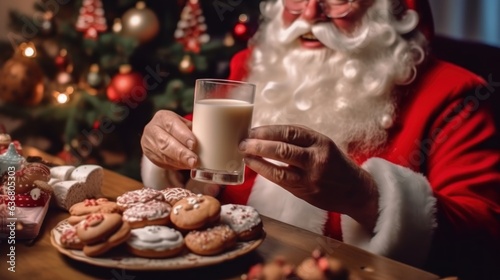 Close-up of Santa Claus holding a glass of milk and cookies. christmas concept. background with copy space
