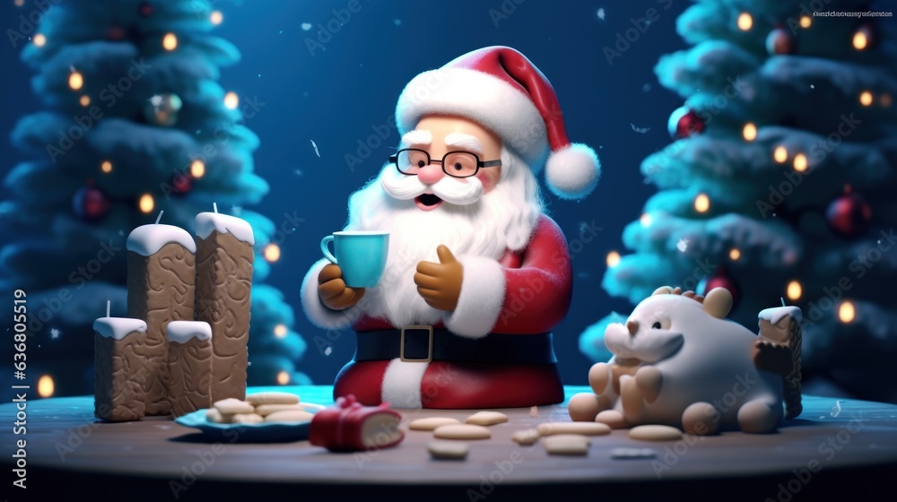 Santa Claus drinking hot tea or coffee in the winter forest. Christmas Postcard.