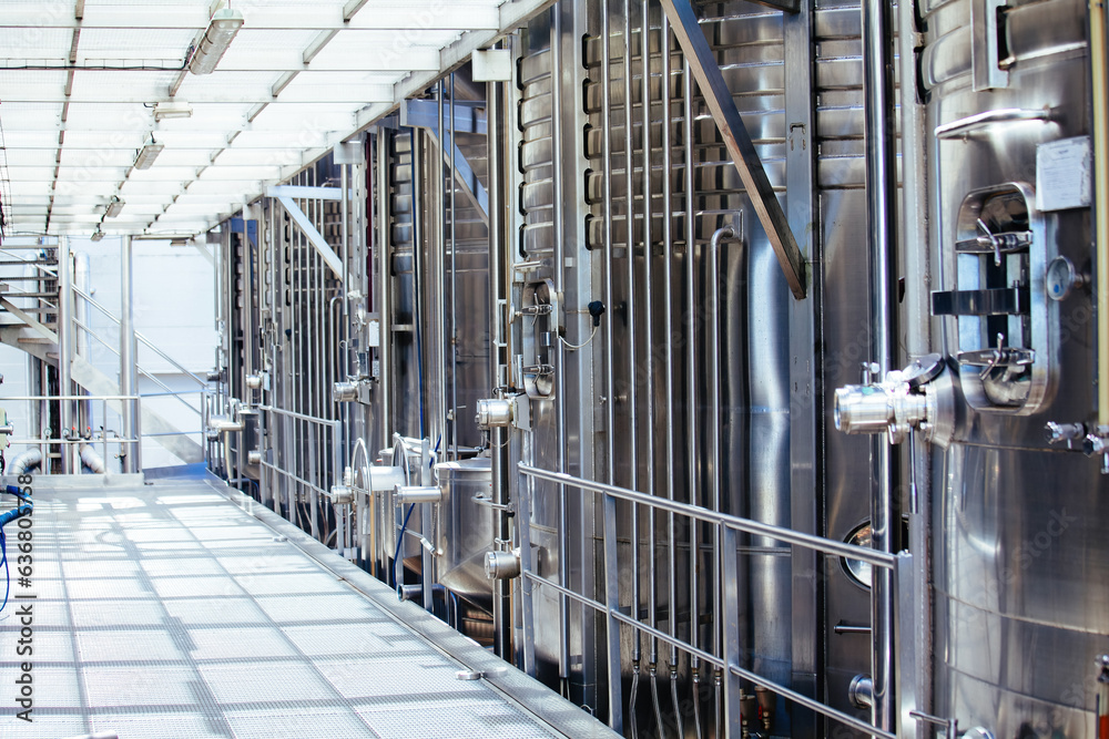 Large tanks for fermentation in the modern winery