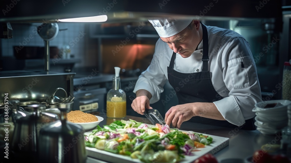 A chef preparing a salad in a kitchen. Generative AI. A chef preparing a salad in a kitchen. Generative AI.
