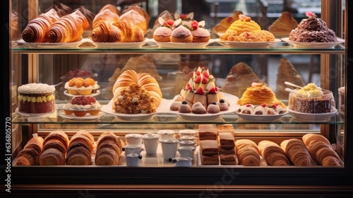 A display case filled with lots of different types of pastries. Generative AI.