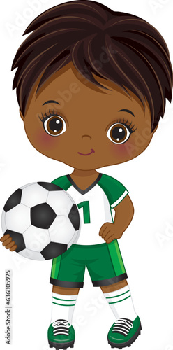 Vector Cute Little African American Boy Playing Soccer