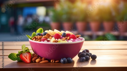 A bowl of fruit and nuts on a table. Generative AI. © Natalia