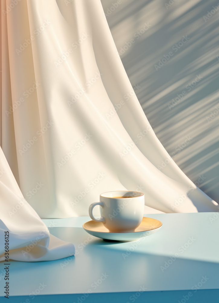 A morning cup of coffee on a white tablecloth in the morning sun.