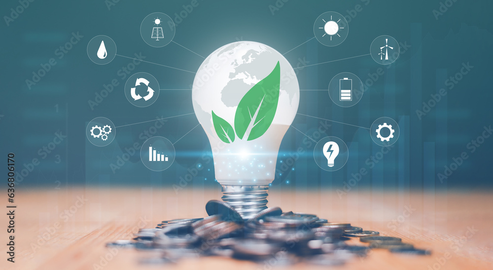 Creative ideas of saving energy and renewable power concept, Light bulb with stack of coins and power statistic graph background, Saving investment, New ideas for energy management. - obrazy, fototapety, plakaty 