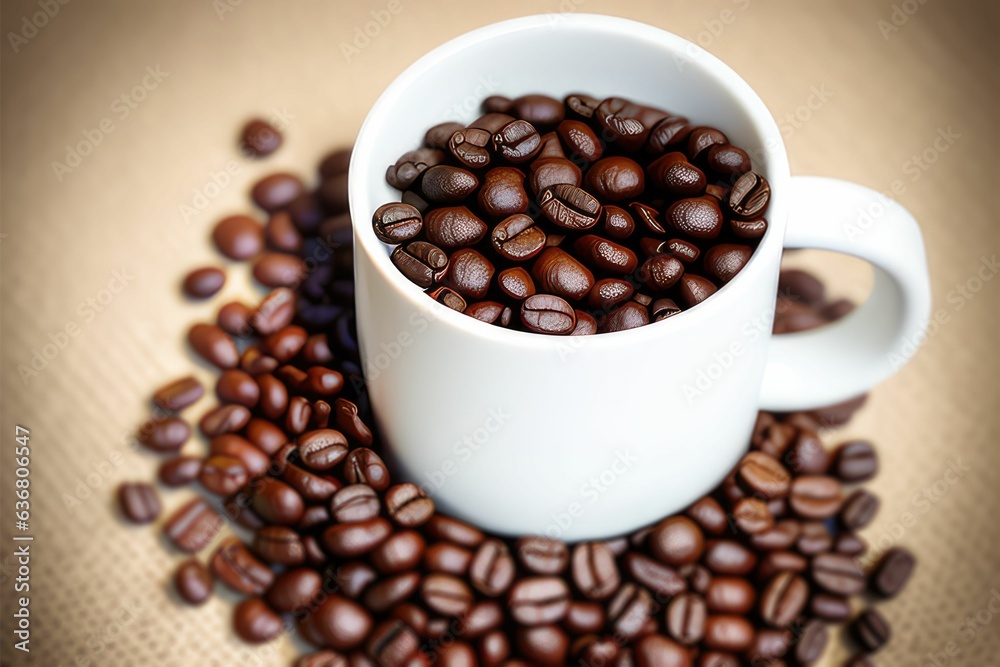 Fototapeta premium coffee beans on mug, cup, texture, roasted coffee bean