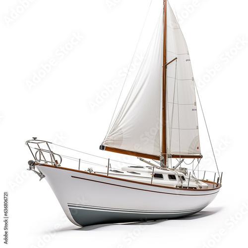 A small yacht is sailing in the ocean. Low angle view. Isolated on white background. © Aisyaqilumar