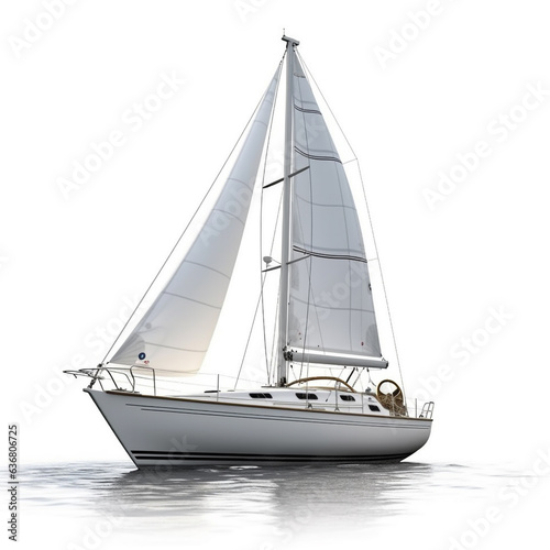 A small yacht is sailing in the ocean. Low angle view. Isolated on white background.
