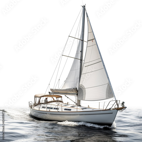 A small yacht is sailing in the ocean. Low angle view. Isolated on white background.