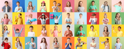Big collage of adorable children on color background