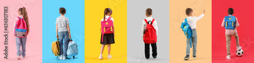 Collection of little school children with backpacks on color background, top view