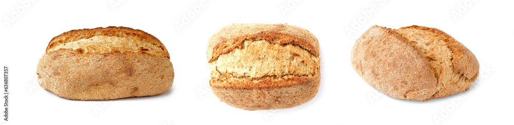 Collage of fresh bread loaves on white background