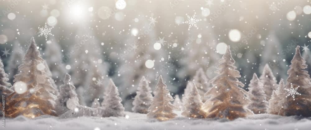 Anamorphic video Snow covered seasonal winter forest diorama with Christmas decoration elements and blurred bokeh light background.