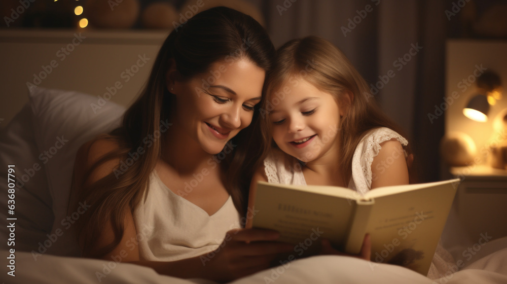 A beautiful scene where a mother reads a storybook to her daughter before going to bed in her bedroom A beautiful scene where a mother reads a storybook to her daughter before going to bed in her bedroom
