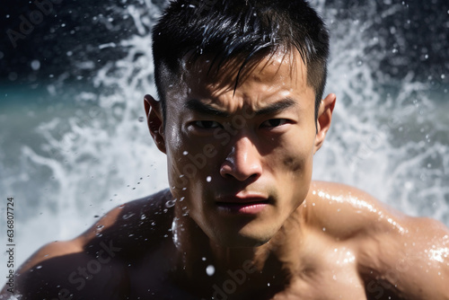 Young male professional muscular swimmer, man swimming front view, closeup with water splash © lermont51