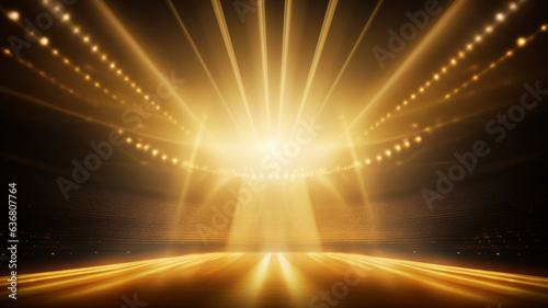 Realistic 3d golden spotlights shining bright gradient on black background. Vector illustration.