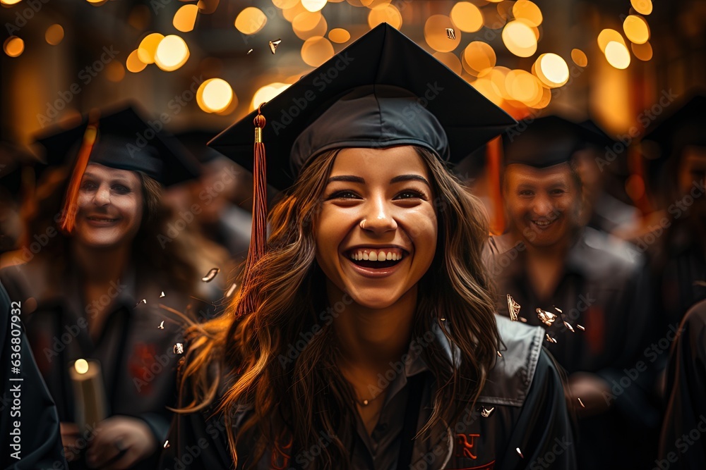 Obraz premium mid jubilant cheers, graduates send their caps soaring, a symbolic gesture of success and unity as they celebrate their academic achievements