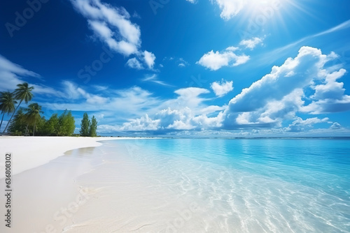 Turquoise sea on palm trees on the tropical beach and the right summer sunshine on travel or vacation. Travel concept for holidays and vacations.