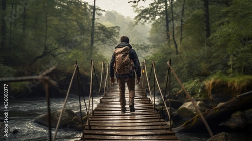 Photo of a man crossing a picturesque wooden bridge over a serene river © mattegg
